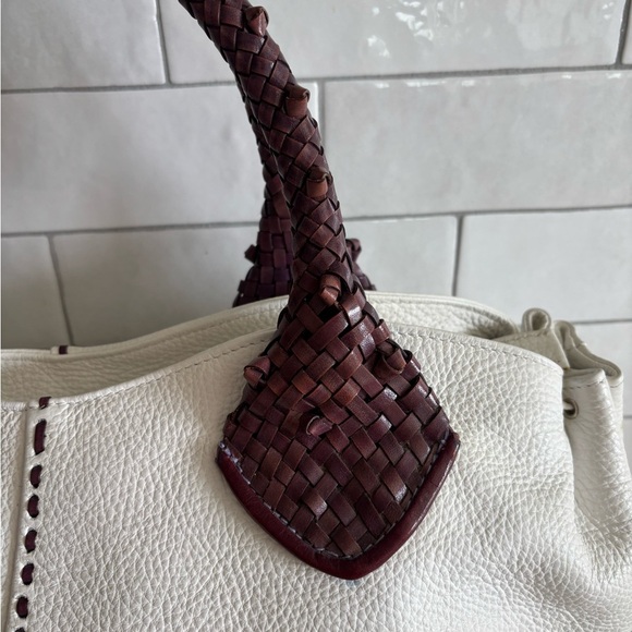 Paolo Masi Italian Leather Genuine Leather Cream Boho Satchel Brown Woven Straps - Picture 2 of 12